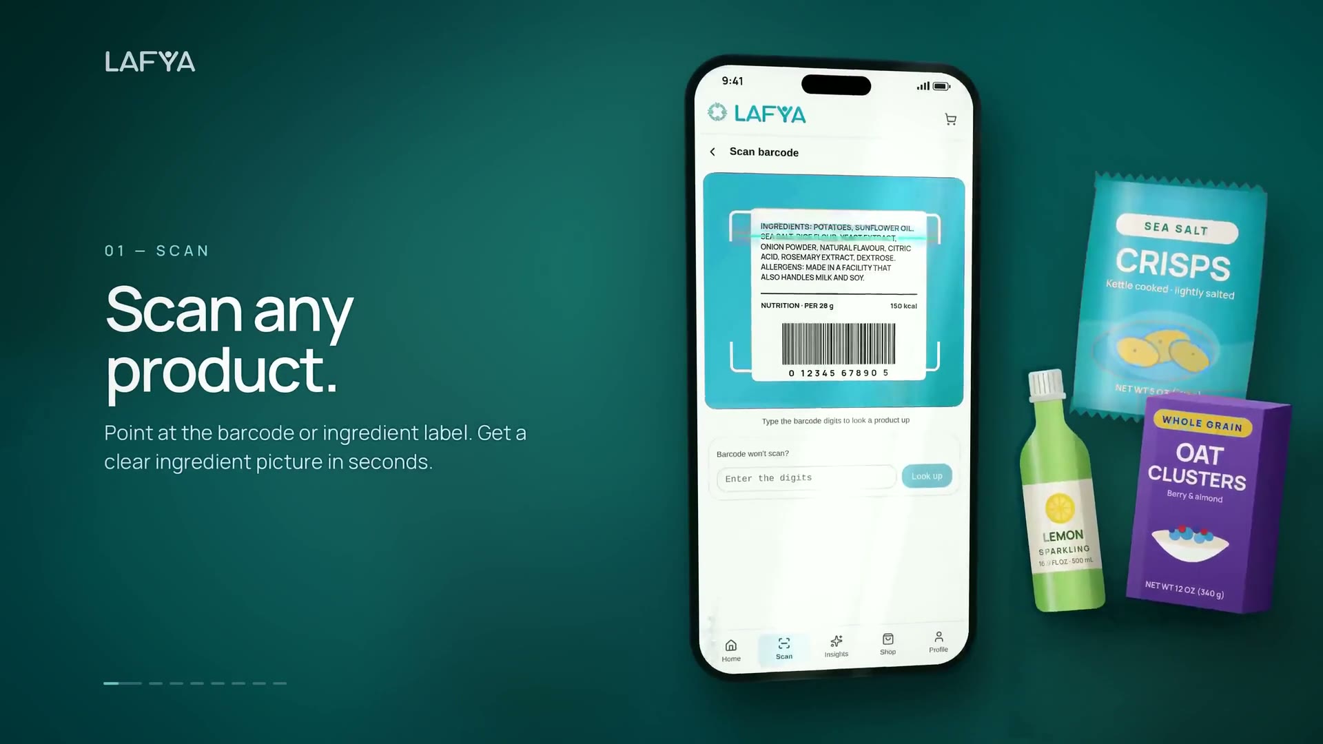LAFYA scanner with a teal chips package, drink bottle and cereal box